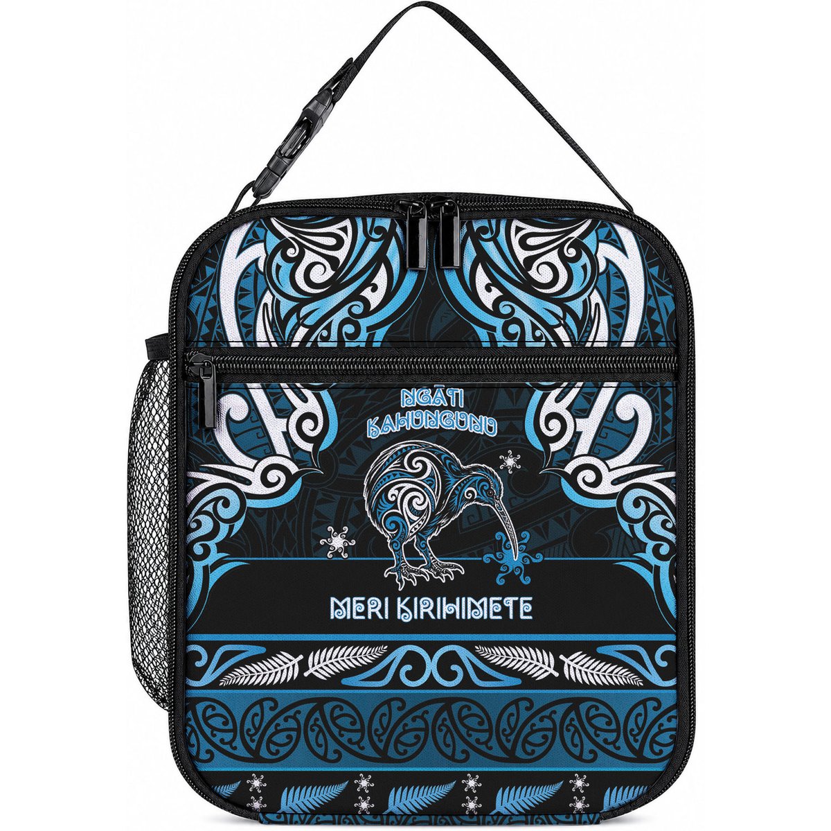 Ngati Kahungunu Aotearoa Meri Kirihimete Lunch Bag Maori Kiwi Bird Silver Fern Koru Pattern