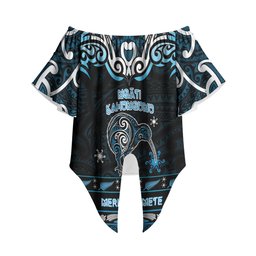 Personalised Ngati Kahungunu Aotearoa Meri Kirihimete Off Shoulder Wrap Waist Top Maori Kiwi Bird Silver Fern Koru Pattern