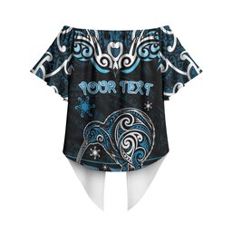 Personalised Ngati Kahungunu Aotearoa Meri Kirihimete Off Shoulder Wrap Waist Top Maori Kiwi Bird Silver Fern Koru Pattern