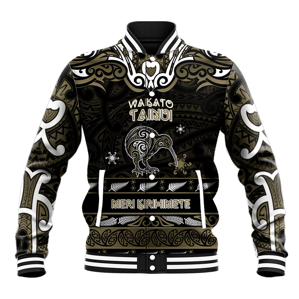 Personalised Waikato Tainui Aotearoa Meri Kirihimete Baseball Jacket Maori Kiwi Bird Silver Fern Koru Pattern