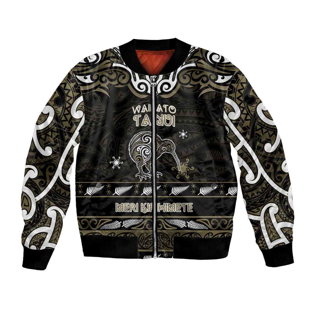 Personalised Waikato Tainui Aotearoa Meri Kirihimete Bomber Jacket Maori Kiwi Bird Silver Fern Koru Pattern
