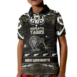 Personalised Waikato Tainui Aotearoa Meri Kirihimete Kid Polo Shirt Maori Kiwi Bird Silver Fern Koru Pattern