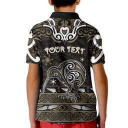 Personalised Waikato Tainui Aotearoa Meri Kirihimete Kid Polo Shirt Maori Kiwi Bird Silver Fern Koru Pattern