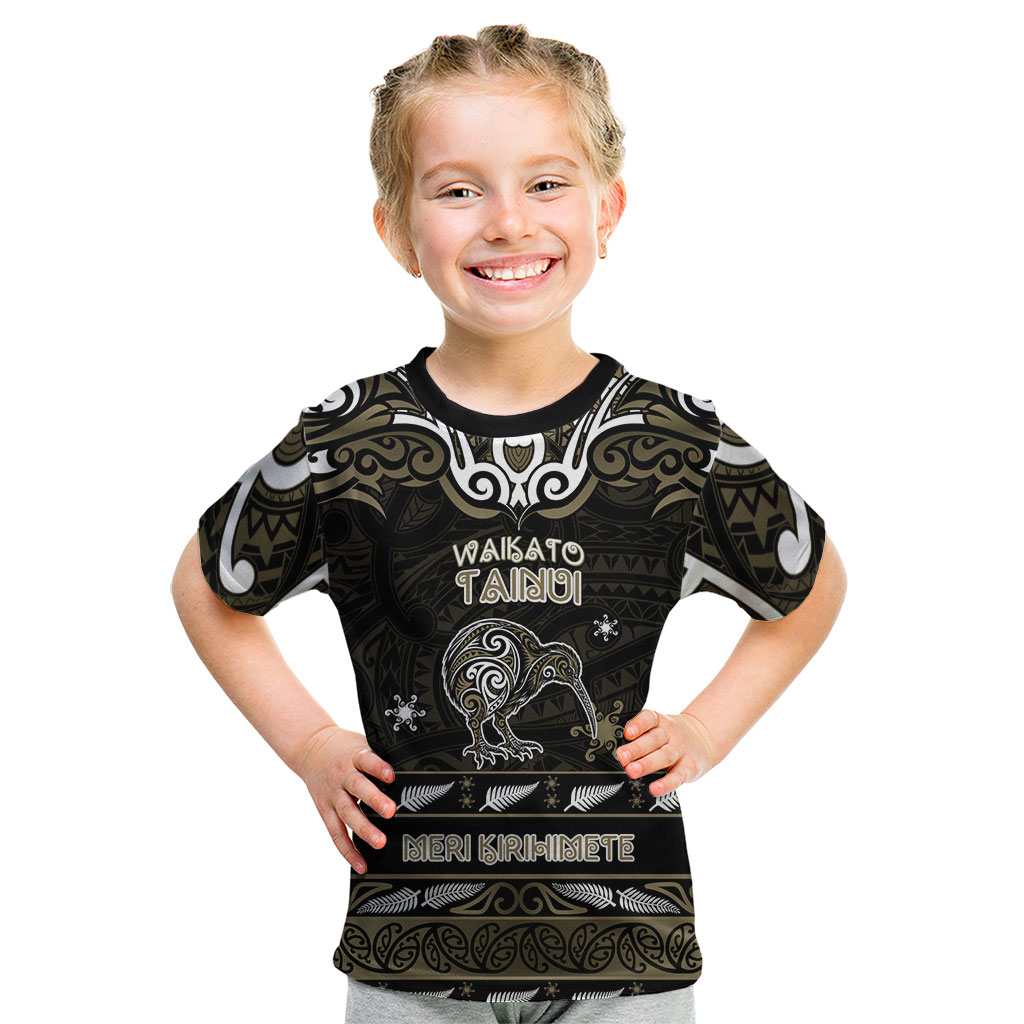 Personalised Waikato Tainui Aotearoa Meri Kirihimete Kid T Shirt Maori Kiwi Bird Silver Fern Koru Pattern