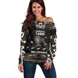 Personalised Waikato Tainui Aotearoa Meri Kirihimete Off Shoulder Sweater Maori Kiwi Bird Silver Fern Koru Pattern