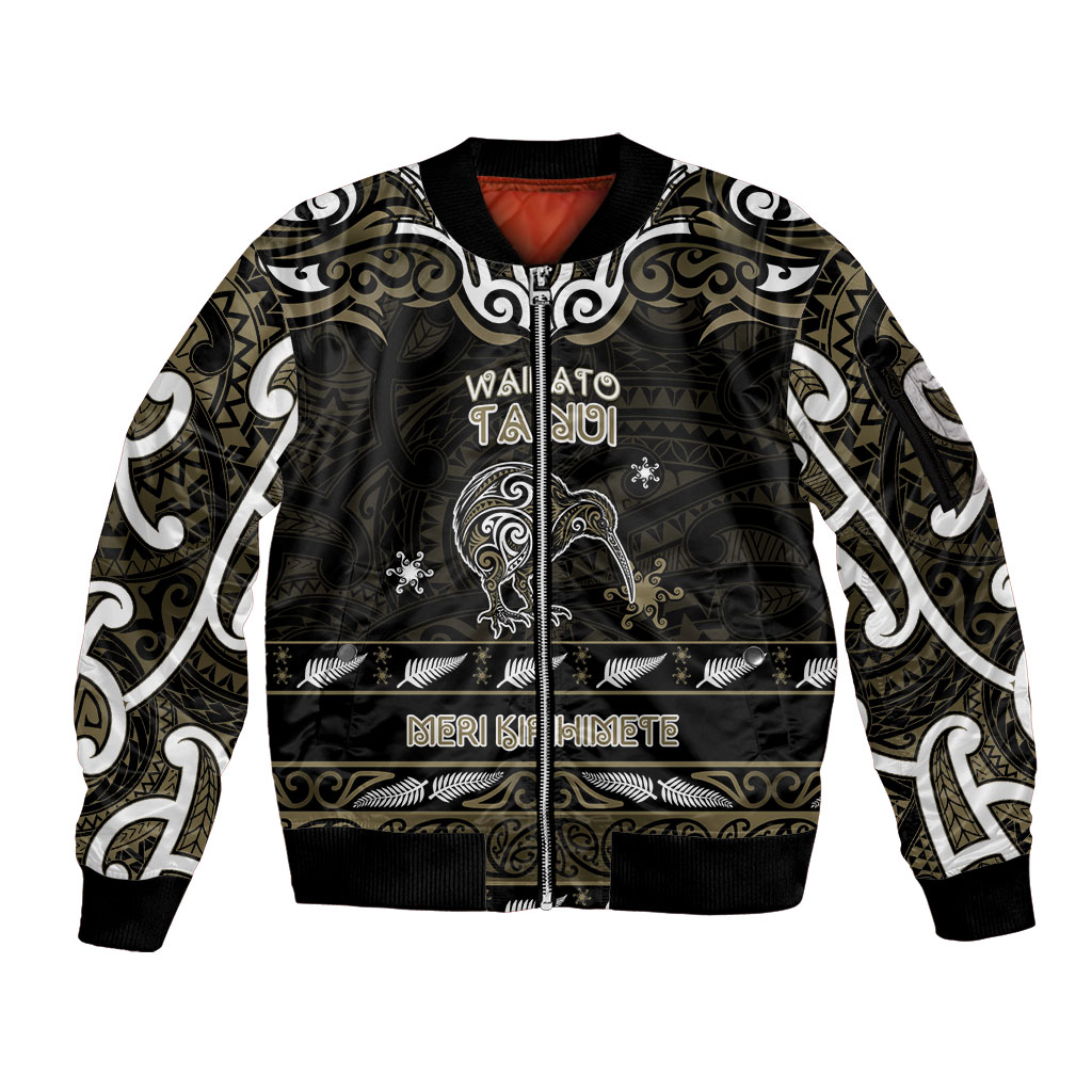 Personalised Waikato Tainui Aotearoa Meri Kirihimete Sleeve Zip Bomber Jacket Maori Kiwi Bird Silver Fern Koru Pattern