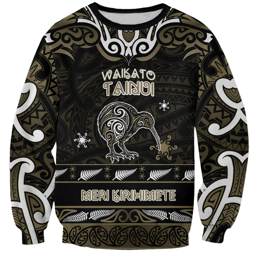 Personalised Waikato Tainui Aotearoa Meri Kirihimete Sweatshirt Maori Kiwi Bird Silver Fern Koru Pattern