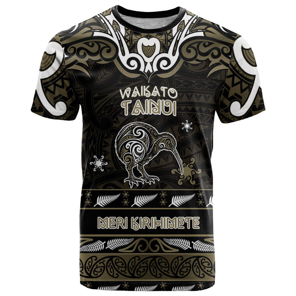 Personalised Waikato Tainui Aotearoa Meri Kirihimete T Shirt Maori Kiwi Bird Silver Fern Koru Pattern