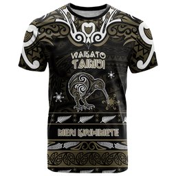 Personalised Waikato Tainui Aotearoa Meri Kirihimete T Shirt Maori Kiwi Bird Silver Fern Koru Pattern