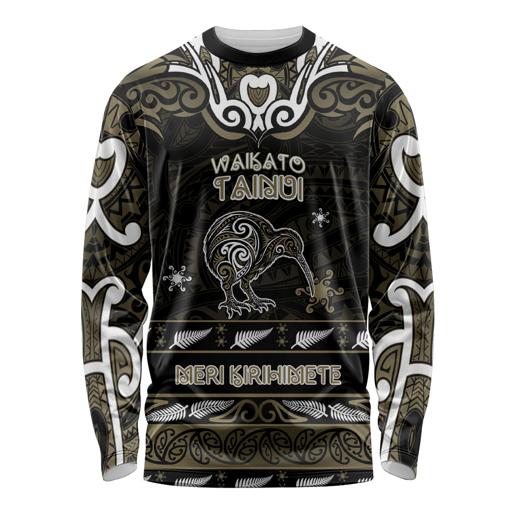 Personalised Waikato Tainui Aotearoa Meri Kirihimete Long Sleeve Shirt Maori Kiwi Bird Silver Fern Koru Pattern