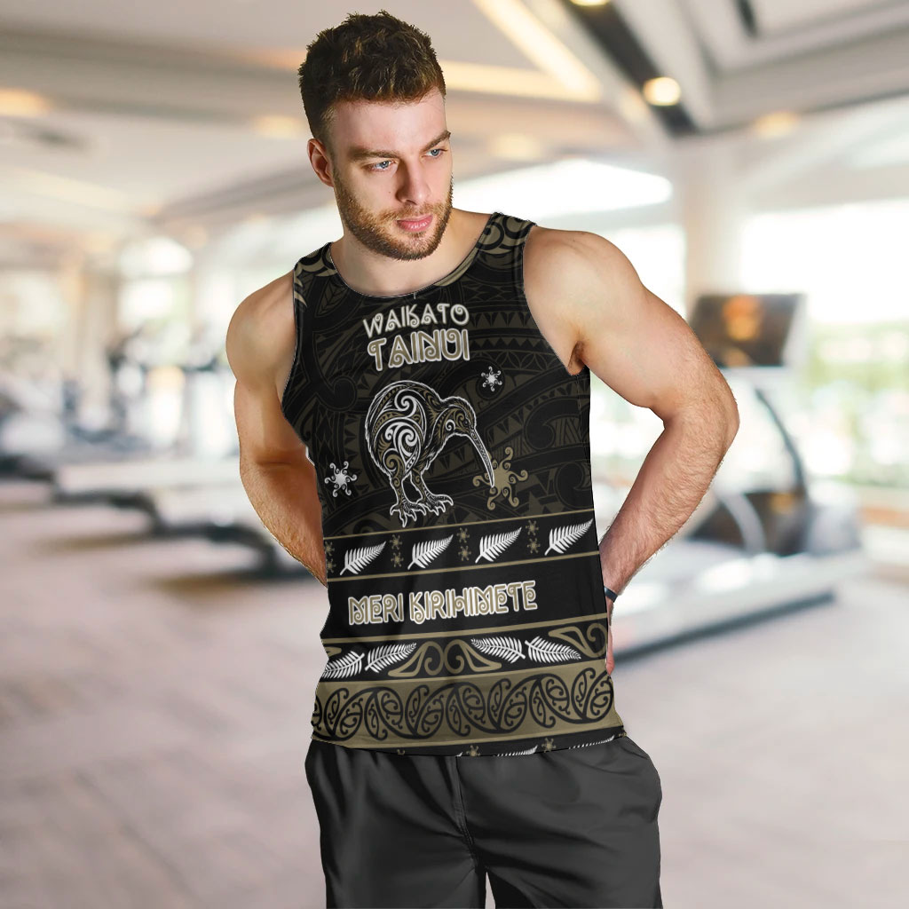 Personalised Waikato Tainui Aotearoa Meri Kirihimete Men Tank Top Maori Kiwi Bird Silver Fern Koru Pattern
