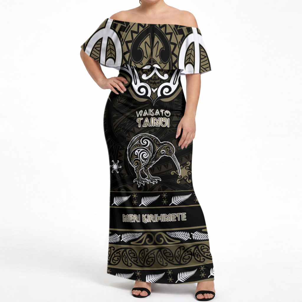 Personalised Waikato Tainui Aotearoa Meri Kirihimete Off Shoulder Maxi Dress Maori Kiwi Bird Silver Fern Koru Pattern
