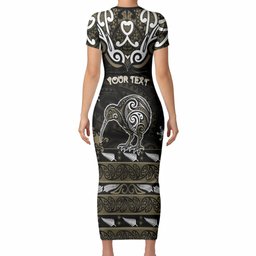 Personalised Waikato Tainui Aotearoa Meri Kirihimete Short Sleeve Bodycon Dress Maori Kiwi Bird Silver Fern Koru Pattern
