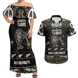 Personalised Waikato Tainui Aotearoa Meri Kirihimete Couples Matching Off Shoulder Maxi Dress and Hawaiian Shirt Maori Kiwi Bird Silver Fern Koru Pattern