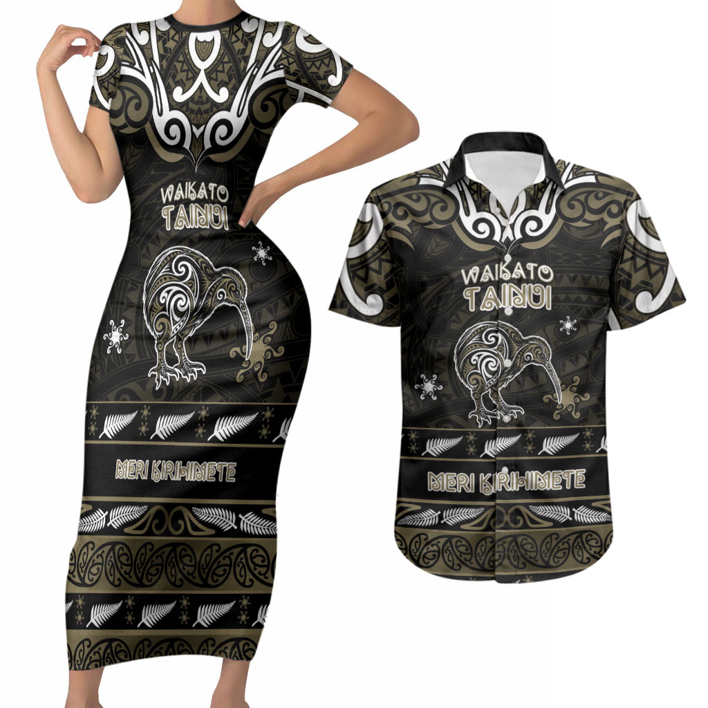 Personalised Waikato Tainui Aotearoa Meri Kirihimete Couples Matching Short Sleeve Bodycon Dress and Hawaiian Shirt Maori Kiwi Bird Silver Fern Koru Pattern