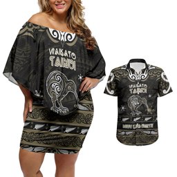 Personalised Waikato Tainui Aotearoa Meri Kirihimete Couples Matching Off Shoulder Short Dress and Hawaiian Shirt Maori Kiwi Bird Silver Fern Koru Pattern