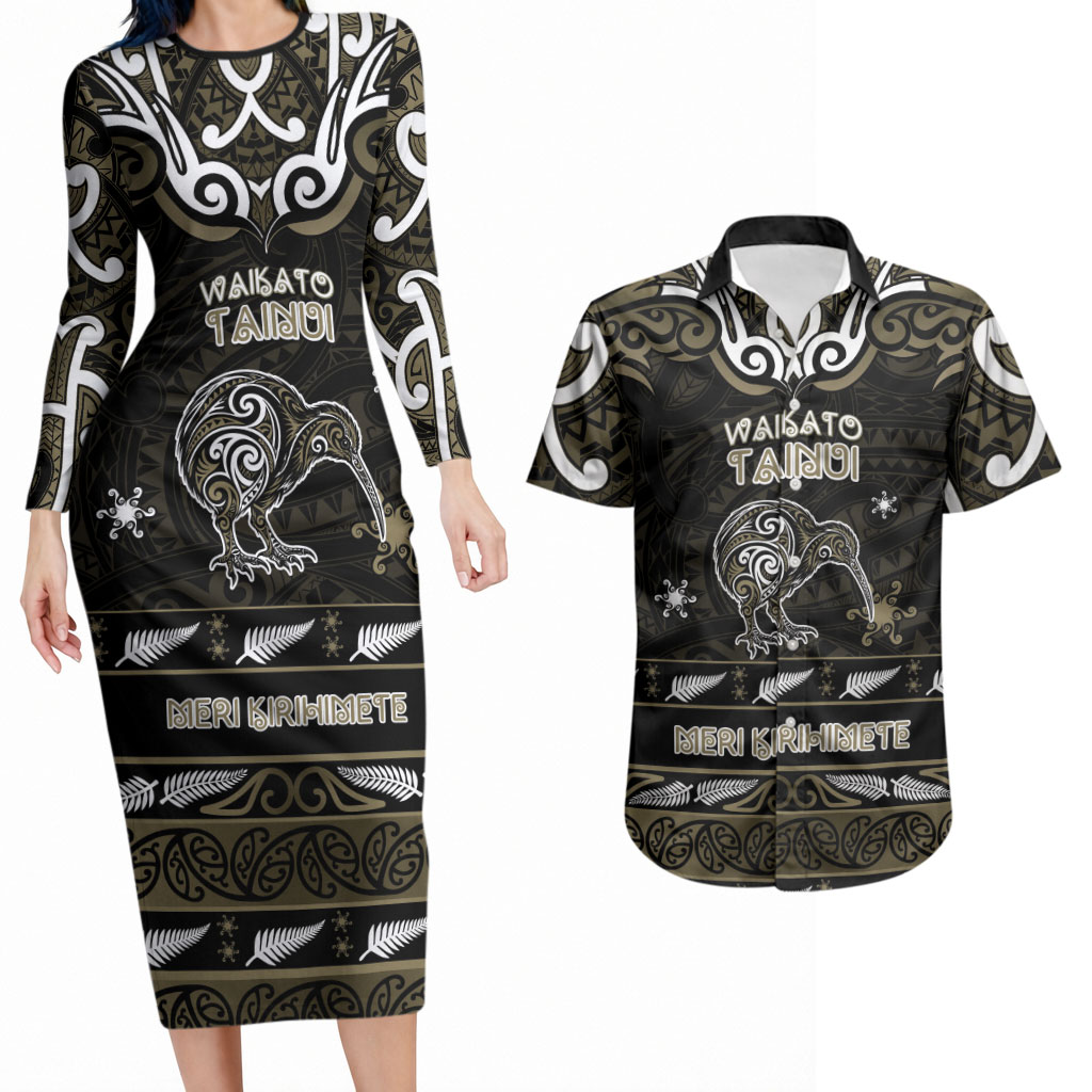 Personalised Waikato Tainui Aotearoa Meri Kirihimete Couples Matching Long Sleeve Bodycon Dress and Hawaiian Shirt Maori Kiwi Bird Silver Fern Koru Pattern
