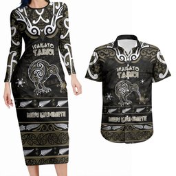 Personalised Waikato Tainui Aotearoa Meri Kirihimete Couples Matching Long Sleeve Bodycon Dress and Hawaiian Shirt Maori Kiwi Bird Silver Fern Koru Pattern