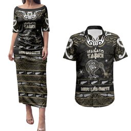 Personalised Waikato Tainui Aotearoa Meri Kirihimete Couples Matching Puletasi and Hawaiian Shirt Maori Kiwi Bird Silver Fern Koru Pattern