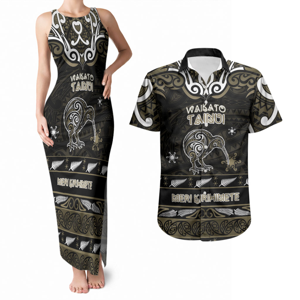 Personalised Waikato Tainui Aotearoa Meri Kirihimete Couples Matching Tank Maxi Dress and Hawaiian Shirt Maori Kiwi Bird Silver Fern Koru Pattern