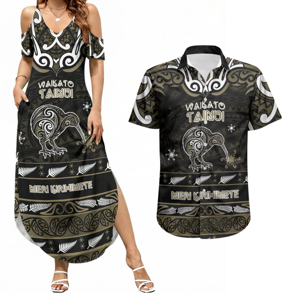 Personalised Waikato Tainui Aotearoa Meri Kirihimete Couples Matching Summer Maxi Dress and Hawaiian Shirt Maori Kiwi Bird Silver Fern Koru Pattern