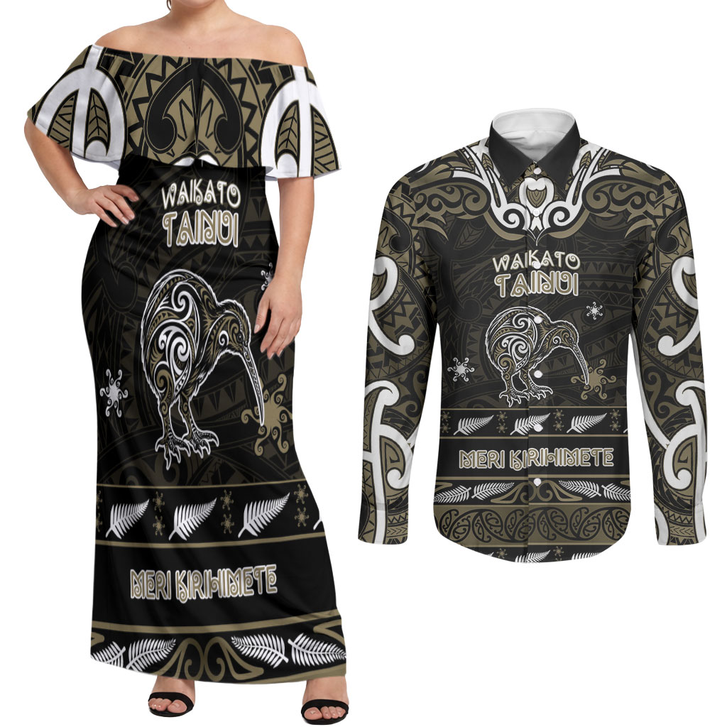 Personalised Waikato Tainui Aotearoa Meri Kirihimete Couples Matching Off Shoulder Maxi Dress and Long Sleeve Button Shirt Maori Kiwi Bird Silver Fern Koru Pattern