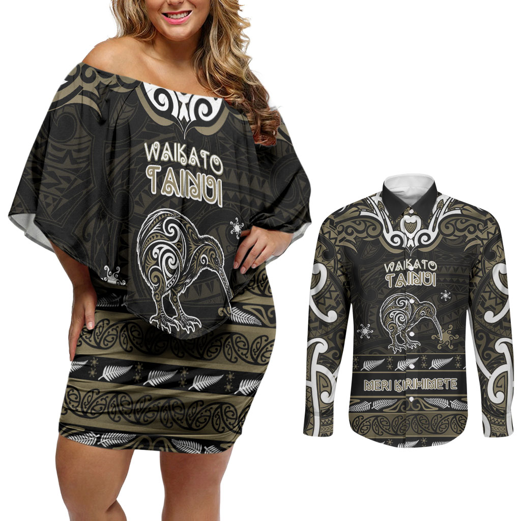 Personalised Waikato Tainui Aotearoa Meri Kirihimete Couples Matching Off Shoulder Short Dress and Long Sleeve Button Shirt Maori Kiwi Bird Silver Fern Koru Pattern