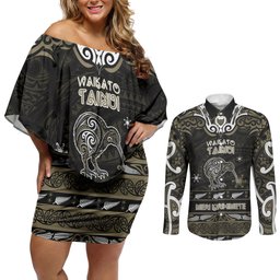 Personalised Waikato Tainui Aotearoa Meri Kirihimete Couples Matching Off Shoulder Short Dress and Long Sleeve Button Shirt Maori Kiwi Bird Silver Fern Koru Pattern