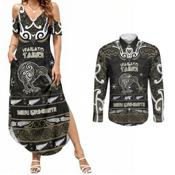 Personalised Waikato Tainui Aotearoa Meri Kirihimete Couples Matching Summer Maxi Dress and Long Sleeve Button Shirt Maori Kiwi Bird Silver Fern Koru Pattern