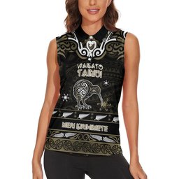 Personalised Waikato Tainui Aotearoa Meri Kirihimete Women Sleeveless Polo Shirt Maori Kiwi Bird Silver Fern Koru Pattern