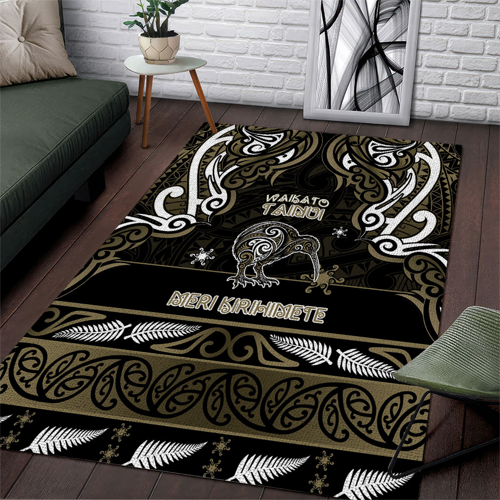 Waikato Tainui Aotearoa Meri Kirihimete Area Rug Maori Kiwi Bird Silver Fern Koru Pattern