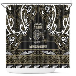 Waikato Tainui Aotearoa Meri Kirihimete Shower Curtain Maori Kiwi Bird Silver Fern Koru Pattern