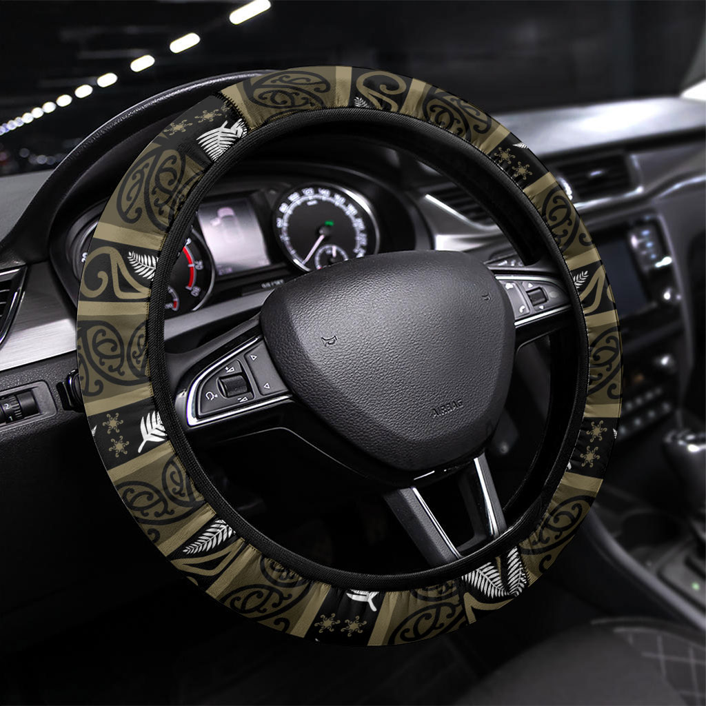 Waikato Tainui Aotearoa Meri Kirihimete Steering Wheel Cover Maori Kiwi Bird Silver Fern Koru Pattern