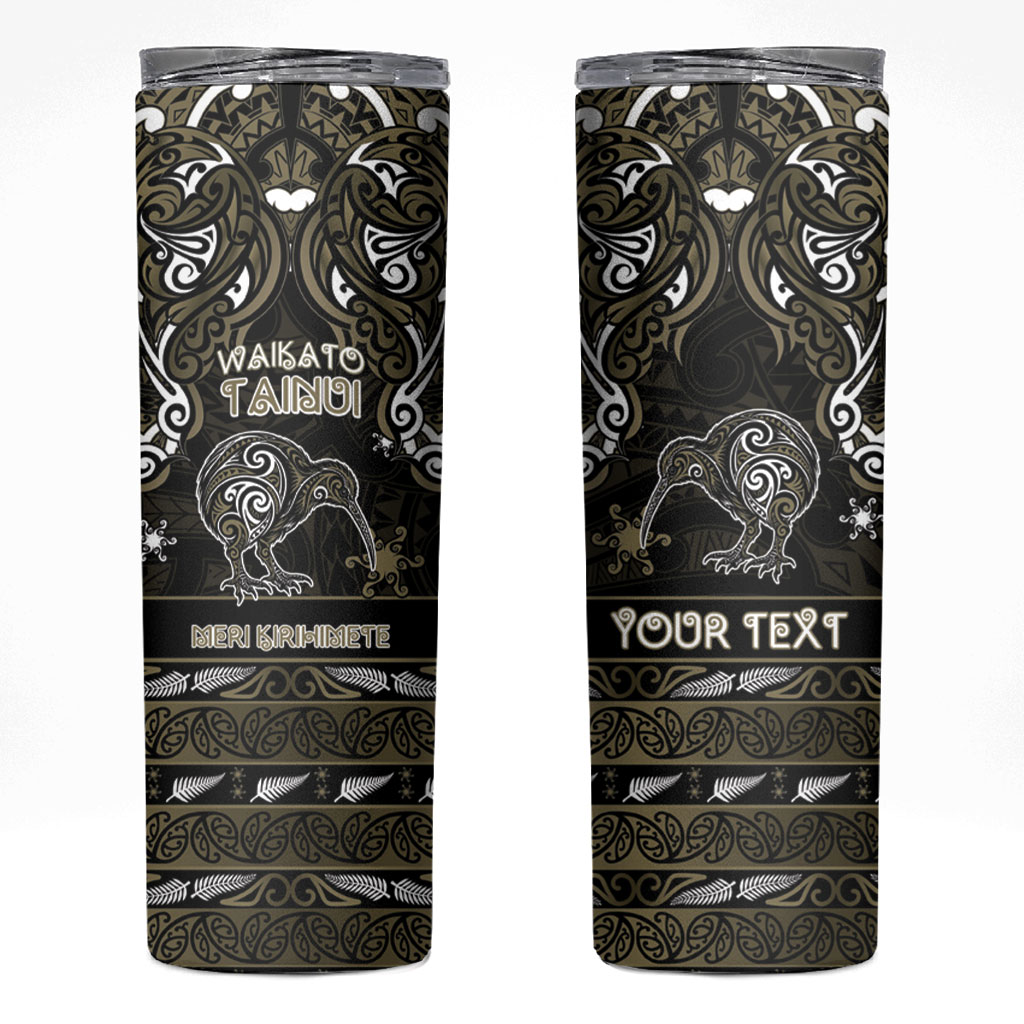 Personalised Waikato Tainui Aotearoa Meri Kirihimete Skinny Tumbler Maori Kiwi Bird Silver Fern Koru Pattern