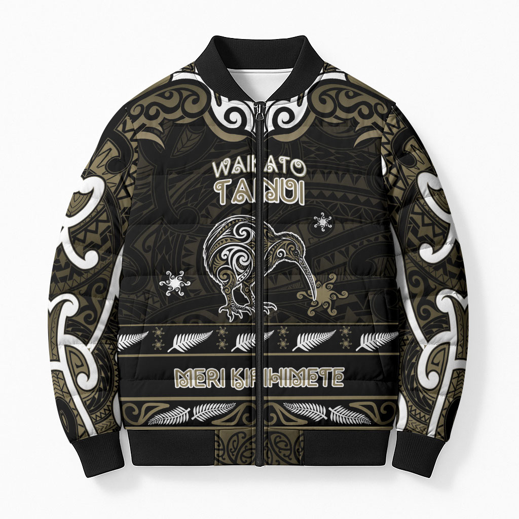 Personalised Waikato Tainui Aotearoa Meri Kirihimete Bomber Puffer Jacket Maori Kiwi Bird Silver Fern Koru Pattern