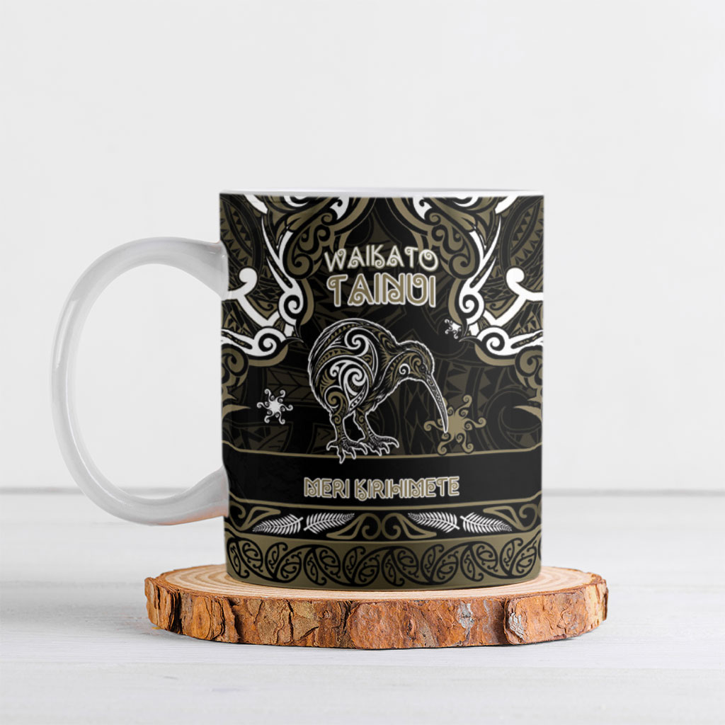 Personalised Waikato Tainui Aotearoa Meri Kirihimete Ceramic Mug Maori Kiwi Bird Silver Fern Koru Pattern