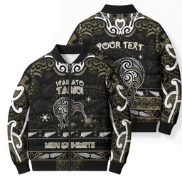 Personalised Waikato Tainui Aotearoa Meri Kirihimete Bomber Puffer Jacket Maori Kiwi Bird Silver Fern Koru Pattern