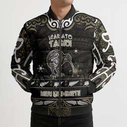Personalised Waikato Tainui Aotearoa Meri Kirihimete Bomber Puffer Jacket Maori Kiwi Bird Silver Fern Koru Pattern