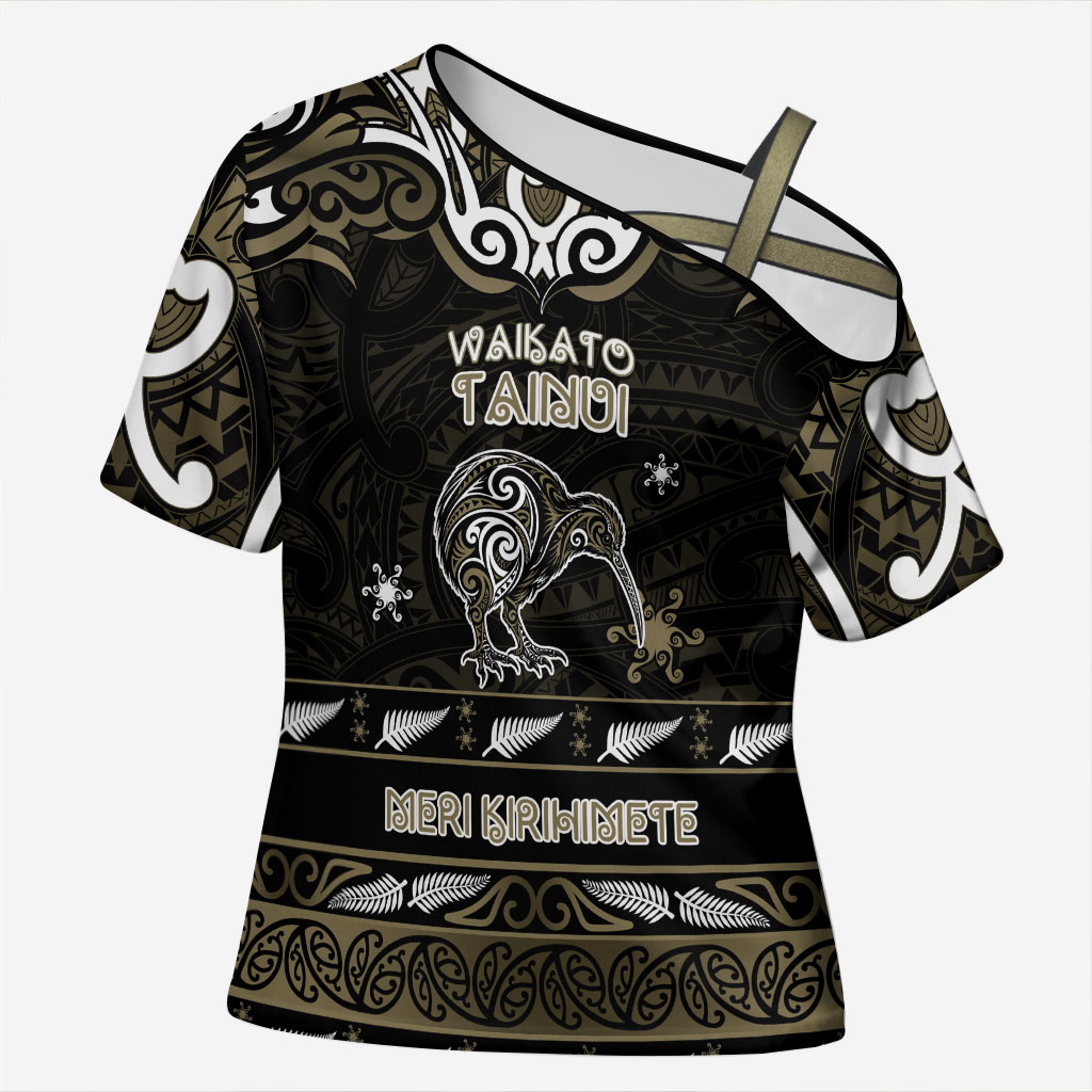 Personalised Waikato Tainui Aotearoa Meri Kirihimete Cross Shoulder Shirt Maori Kiwi Bird Silver Fern Koru Pattern