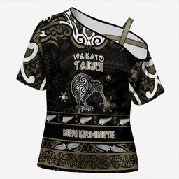Personalised Waikato Tainui Aotearoa Meri Kirihimete Cross Shoulder Shirt Maori Kiwi Bird Silver Fern Koru Pattern