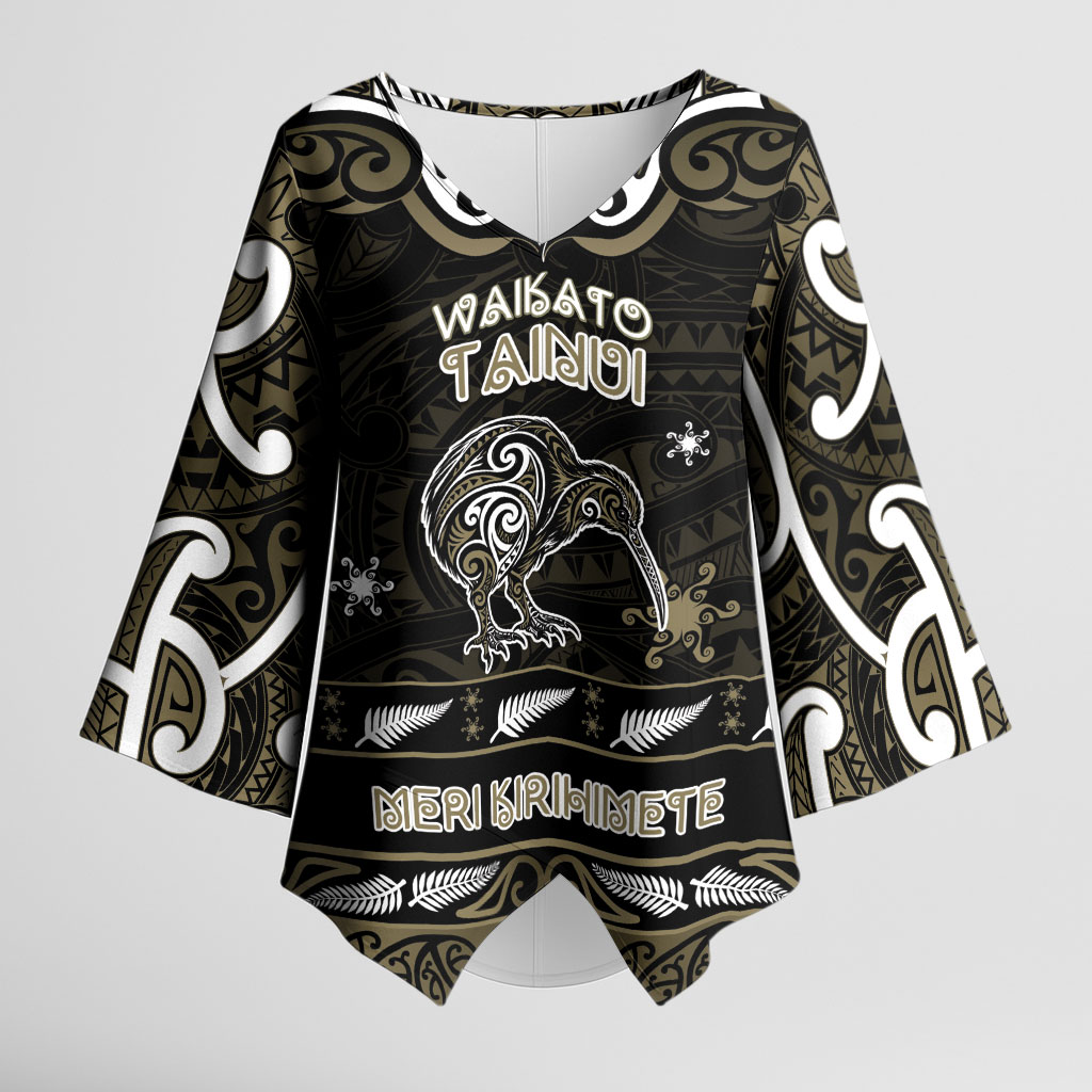 Personalised Waikato Tainui Aotearoa Meri Kirihimete Kimono Sleeve Blouse Maori Kiwi Bird Silver Fern Koru Pattern