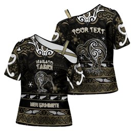 Personalised Waikato Tainui Aotearoa Meri Kirihimete Cross Shoulder Shirt Maori Kiwi Bird Silver Fern Koru Pattern