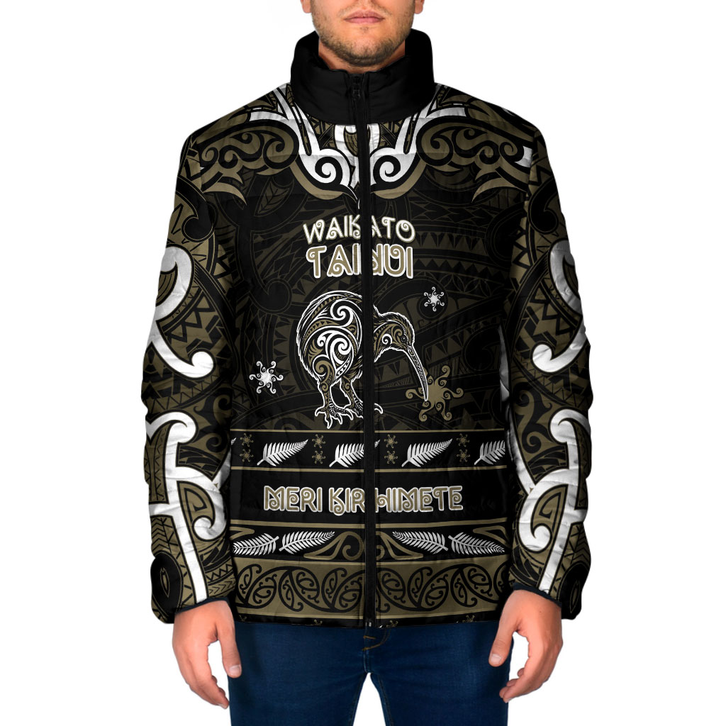Personalised Waikato Tainui Aotearoa Meri Kirihimete Padded Jacket Maori Kiwi Bird Silver Fern Koru Pattern