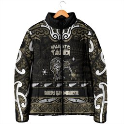 Personalised Waikato Tainui Aotearoa Meri Kirihimete Padded Jacket Maori Kiwi Bird Silver Fern Koru Pattern