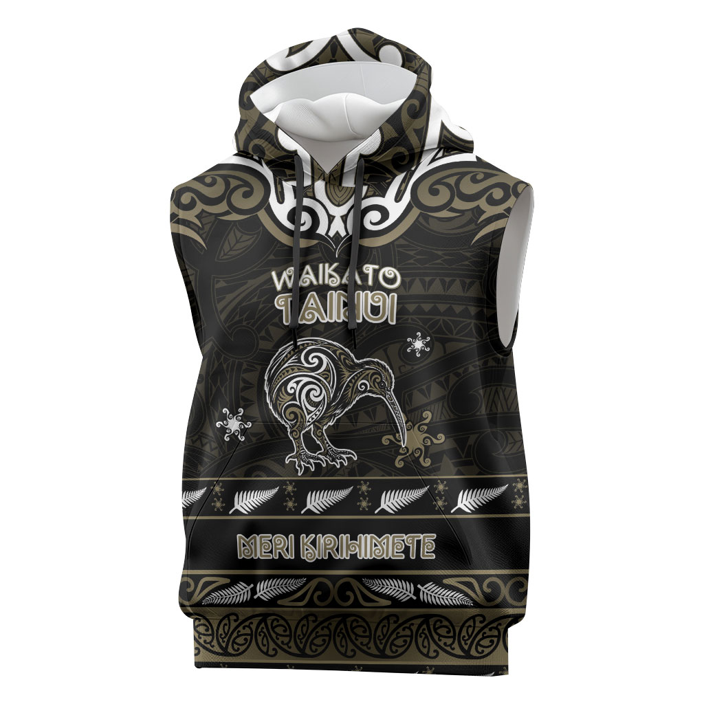 Personalised Waikato Tainui Aotearoa Meri Kirihimete Sleeveless Hoodie Maori Kiwi Bird Silver Fern Koru Pattern