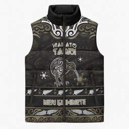 Personalised Waikato Tainui Aotearoa Meri Kirihimete Sleeveless Puffer Jacket Maori Kiwi Bird Silver Fern Koru Pattern