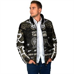 Personalised Waikato Tainui Aotearoa Meri Kirihimete Padded Jacket Maori Kiwi Bird Silver Fern Koru Pattern