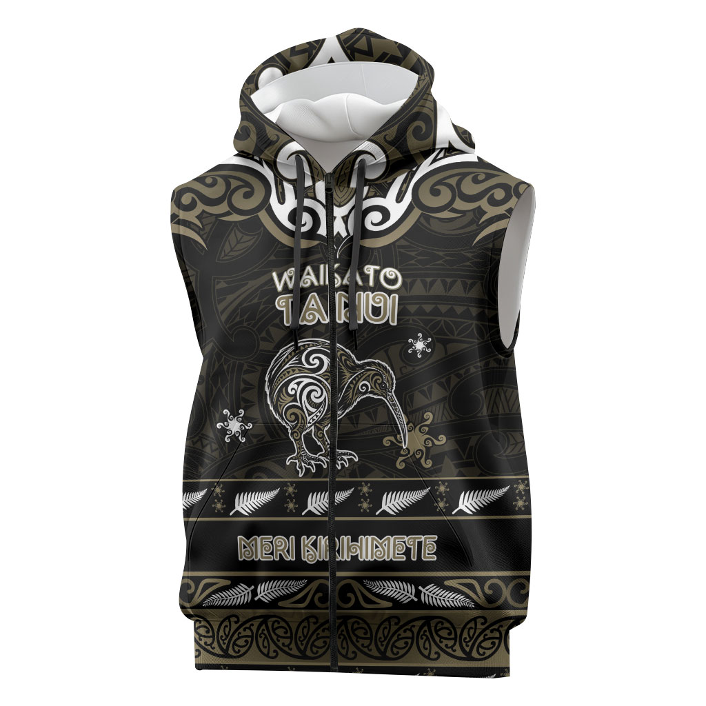 Personalised Waikato Tainui Aotearoa Meri Kirihimete Sleeveless Zip Hoodie Maori Kiwi Bird Silver Fern Koru Pattern