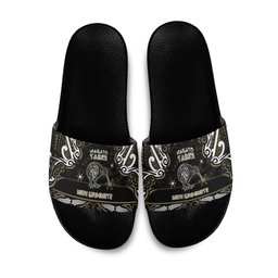 Waikato Tainui Aotearoa Meri Kirihimete Slide Sandals Maori Kiwi Bird Silver Fern Koru Pattern