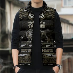 Personalised Waikato Tainui Aotearoa Meri Kirihimete Sleeveless Puffer Jacket Maori Kiwi Bird Silver Fern Koru Pattern